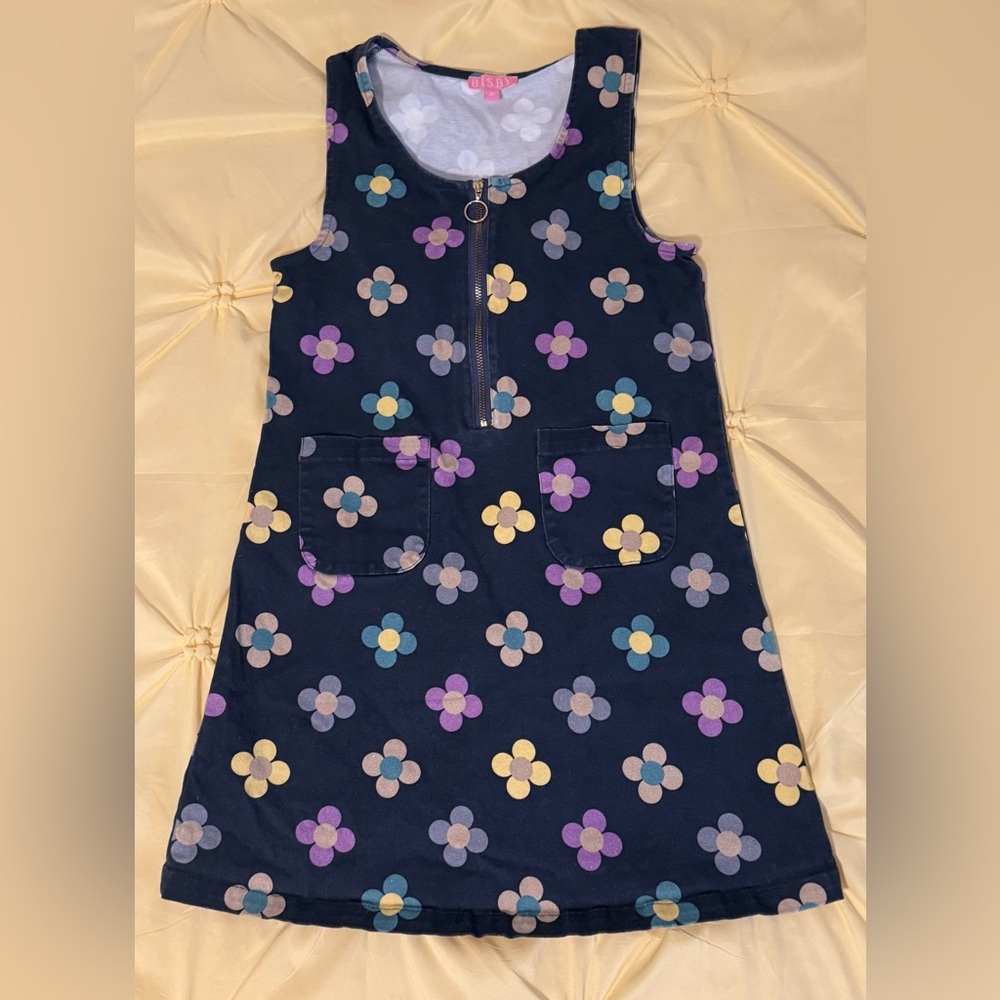 Bisby Jumper Dress Girl’s 12 L Navy Blue Retro Flower Power Zip-Front - Picture 5 of 9